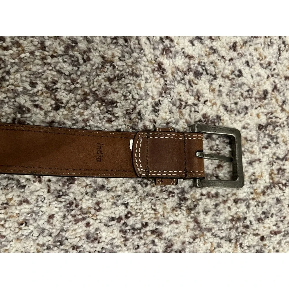 Timberland Men's Camel Brown Leather‎ Belt Sz 42 Stitches Details Silver Buckle